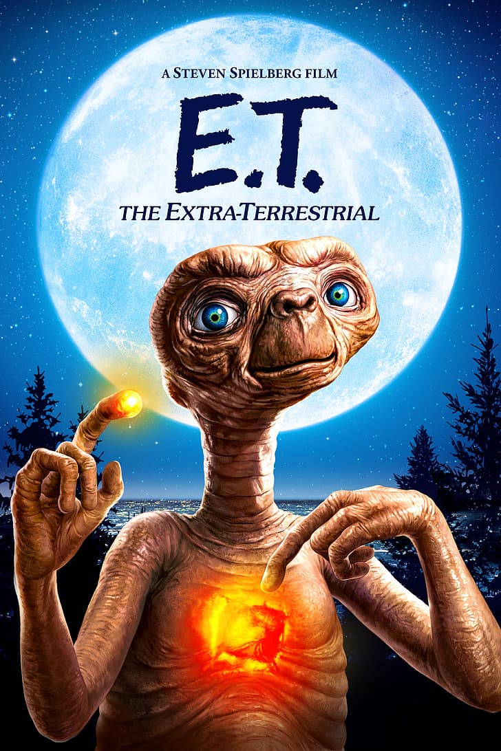 E.T., movies, aliens, night, Moon, blue eyes, index finger raised, finger pointing, trees, creature, Steven Spielberg, movie poster, poster, HD wallpaper