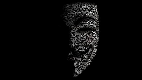 Guy Fawkes, máscara, anónimo, retratos tipográficos, arte digital, arte de fantasía, V para Vendetta, máscara de Guy Fawkes, minimalismo, fondo negro, Fondo de pantalla HD HD wallpaper