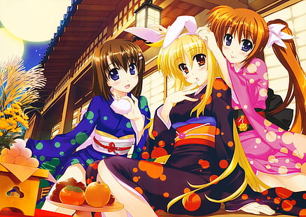 Mahou Shoujo Lyrical Nanoha, Takamachi Nanoha, Yagami Hayate, Fate Testarossa, anime girls, kimono, zwierzęce uszy, japońskie ubrania, Tapety HD HD wallpaper