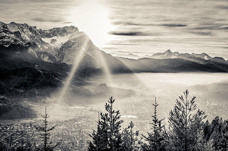 photo of mountains and trees, photo, mountains, trees, Fog, GAP, K-7, Landscape, Nebel, Pentax, Sigma, 30mm, F1.4, EX, DC, HSM, Sonne, Sunset, Wank, Zugspitze, black and white, white  sun, mountain, nature, snow, mountain Peak, scenics, outdoors, winter, european Alps, forest, HD wallpaper