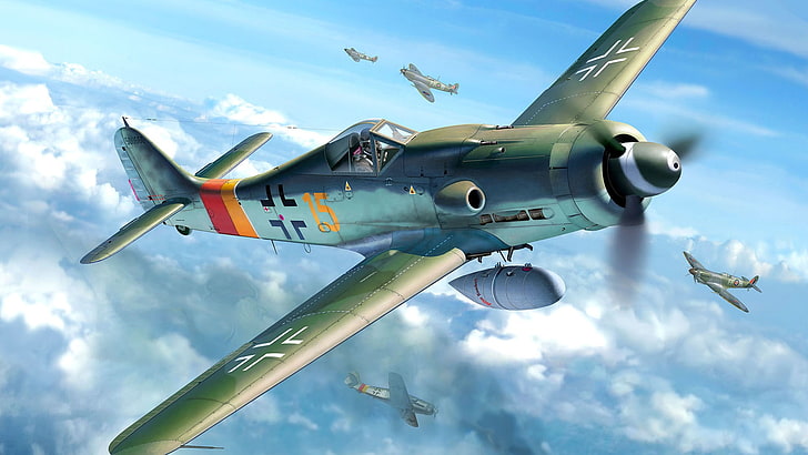 Spitfire, Focke-Wulf, Luftwaffe, Shrike, FW-190D-9, piston monoplane tempur, single-seater single Jerman, Wallpaper HD