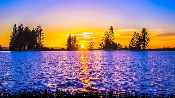anochecer, tarde, lago, cielo anaranjado, cielo, ocaso anaranjado, agua, silueta, ocaso, resplandor crepuscular, árbol, Fondo de pantalla HD
