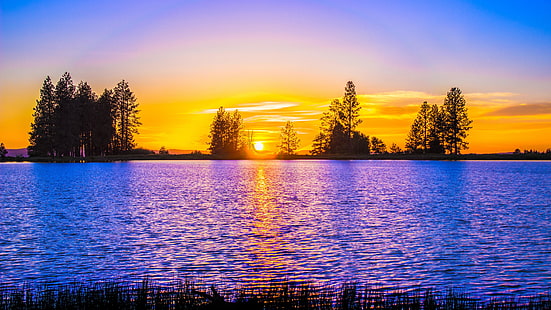 dusk, evening, lake, orange sky, sky, orange sunset, water, silhouette, sunset, afterglow, tree, HD wallpaper HD wallpaper