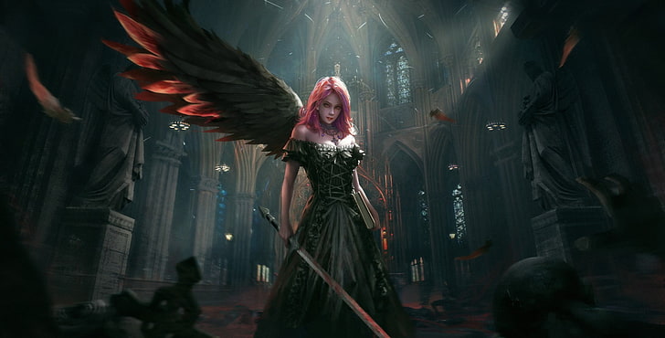 розоволосая женщина с мечом иллюстрация, фэнтези-арт, воин, ангел, HD обои