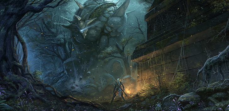 персонаж, держащий копье перед монстром цифровые обои, лес, оружие, люди, меч, существо, фэнтези, арт, гигант, руины, голем, chaoyuanxu, HD обои