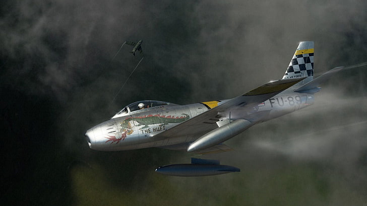 graue und schwarze digitale Tapete des Kampfflugzeugs, Kämpfer, Kunst, Amerikaner, Jet, Nordamerikaner, das MiG-15, das Ärgernis, Säbel, Schwuchtel, F-86, HD-Hintergrundbild