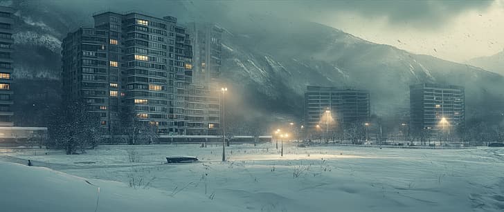 snow, wide angle, city, landscape, Midjourney, winter, HD wallpaper