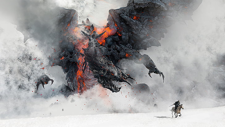 dragón negro persiguiendo fondo de pantalla de caballo marrón, dragón, fumar, humo, lava, nubes, caballero, desierto, Fondo de pantalla HD