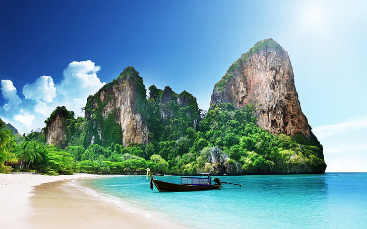 Fotografia, plaża, łódź, ziemia, las, wyspa, krajobraz, przyroda, ocean, plaża Railay, morze, słońce, Tajlandia, Tapety HD
