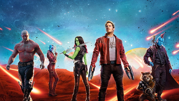 Film, Guardians of the Galaxy Vol. 2, Chris Pratt, Drax The Destroyer, Gamora, Nebula (Marvel Comics), Rocket Raccoon, Star Lord, Zoe Saldana, Tapety HD