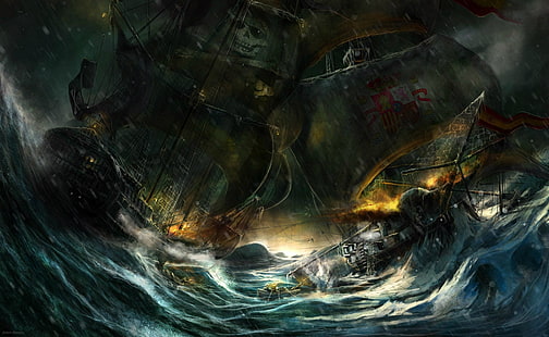 ilustracja tonący statek galeon, statek, piraci, sztuka fantasy, Tapety HD HD wallpaper
