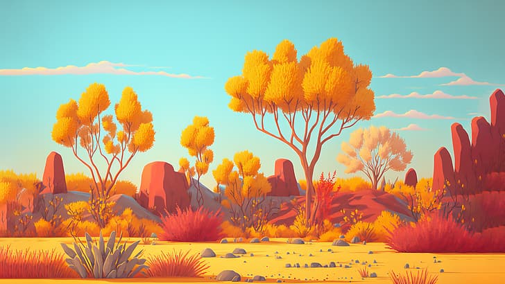 AI art, illustration, orange, desert, trees, rocks, HD wallpaper
