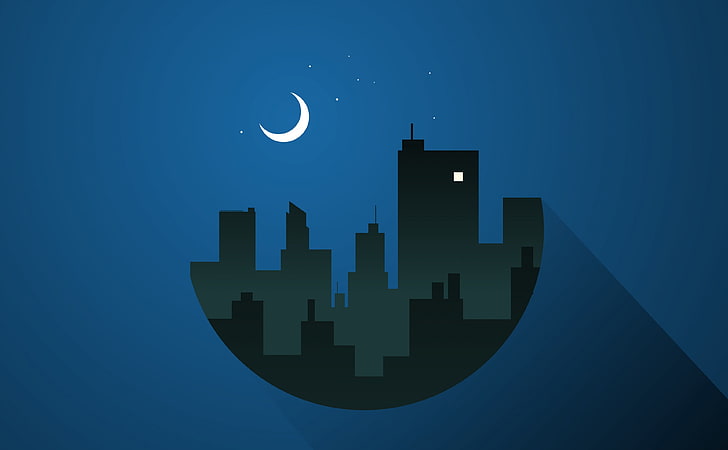A Moonlit Night, Hochhaus und Halbmond Wallpaper, Aero, Vektorgrafiken, Mond, Stadt, Blau, Illustration, Nacht, Design, Gebäude, Grafik, HD-Hintergrundbild