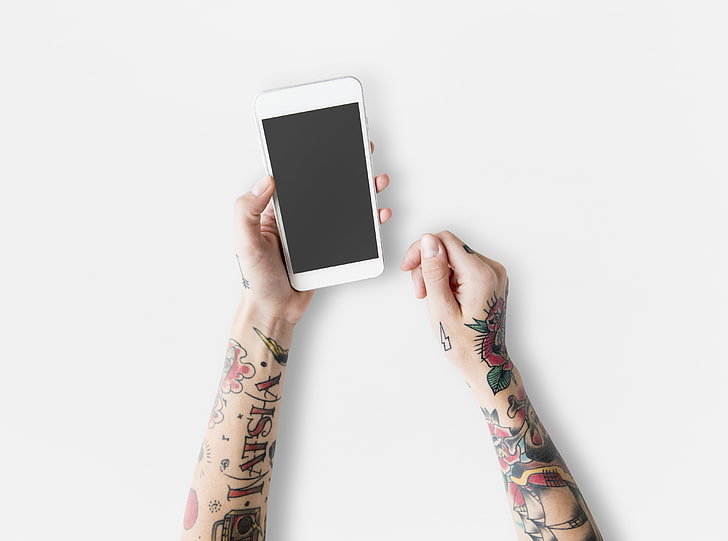 Holding a Phone, white Android smartphone, Computers, Others, Style, People, Phone, Device, Hands, Mobile, Tattoos, Holding, Arms, smartphone, person, caucasian, youngadult, showing, HD wallpaper