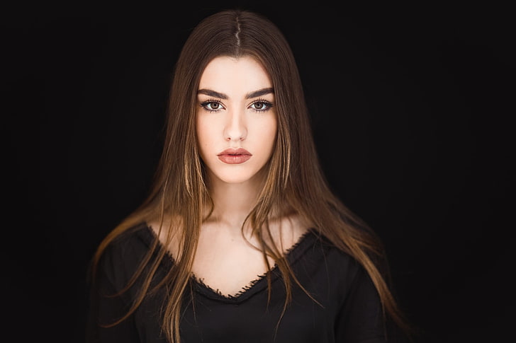 women, face, portrait, simple background, brunette, brown eyes, red lipstick, black shirt, looking at viewer, long hair, straight hair, HD wallpaper
