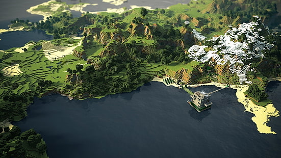 strand, kust, gräs, Minecraft, berg, render, träd, HD tapet HD wallpaper