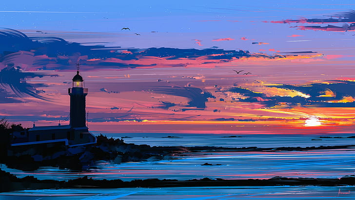 artwork, Aenami, vector, colorful, lighthouse, coast, drawing, digital art, HD wallpaper