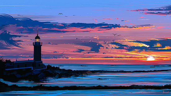 artwork, Aenami, vector, colorful, lighthouse, coast, drawing, digital art, HD wallpaper HD wallpaper
