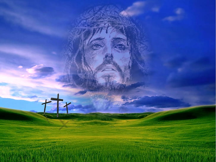 Jesus In The Clouds, fields, jesus, crosses, clouds, 3d and abstract, HD wallpaper