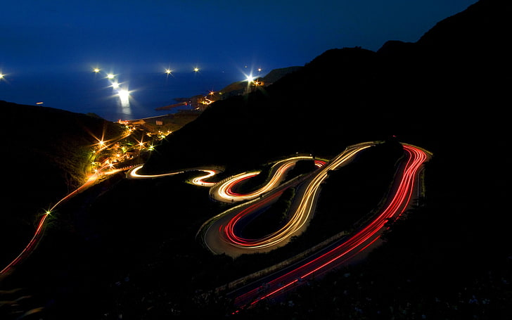 замедленная съемка спиральной дороги в ночное время, дорога, длительная выдержка, повороты шпильки, световые трассы, ночь, природа, пейзаж, огни, HD обои
