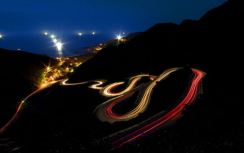time lapse photography of spiral road at nighttime, road, long exposure, hairpin turns, light trails, night, nature, landscape, lights, HD wallpaper HD wallpaper