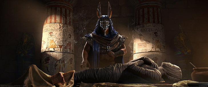 Иллюстрации Анубиса и мумии, видеоигры, пустыня, ультраширокие, ультраширокие, Assassin's Creed: Origins, Assassin's Creed, OSIRIS, Египет, HD обои