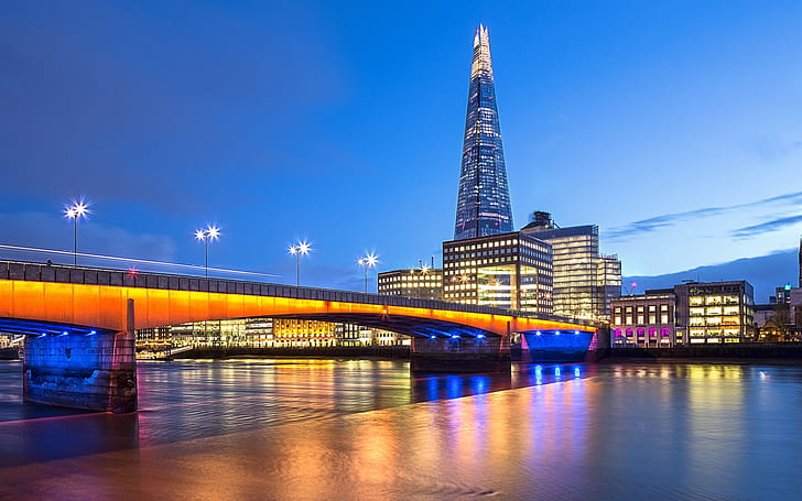 London, England, bridge, river Thames, evening, lights, buildings, London, England, Bridge, River, Thames, Evening, Lights, Buildings, HD wallpaper