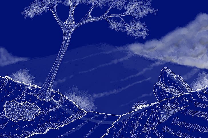 ภูมิทัศน์ ต้นไม้ หิน สีฟ้า เมฆ หมอก ภูเขา, วอลล์เปเปอร์ HD