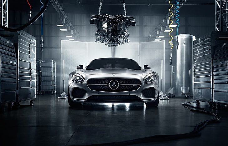 автомобиль Mercedes-Benz серебристого цвета, Mercedes-Benz, передок, AMG, цвет, серебристый, двигатель, мастерская, 2016, GT S, HD обои