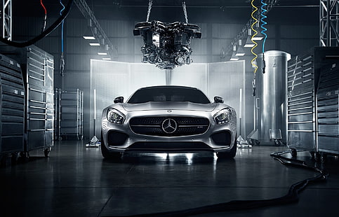 srebrny pojazd Mercedes-Benz, Mercedes-Benz, przód, AMG, kolor, srebrny, silnik, warsztat, 2016, GT S, Tapety HD HD wallpaper