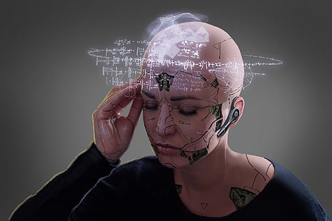 ilustrasi potret wanita, futuristik, seni digital, wanita, karya seni, fiksi ilmiah, cyborg, kepala botak, Wallpaper HD HD wallpaper