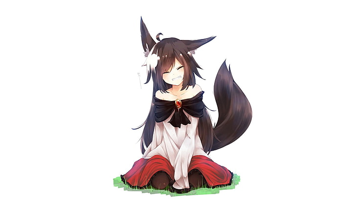 Schwarzes Haar Anime Charakter, Anime, Anime Mädchen, einfachen Hintergrund, Fuchs Mädchen, Fuchsschwanz, lächelnd, schwarzes Haar, lange Haare, Kitsunemimi, HD-Hintergrundbild