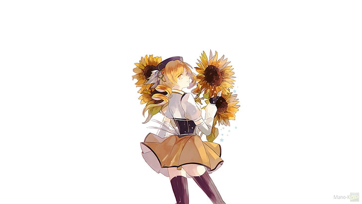 коричневый и желтый цветочный венок, Mahou Shoujo Madoka Magica, Tomoe Mami, HD обои