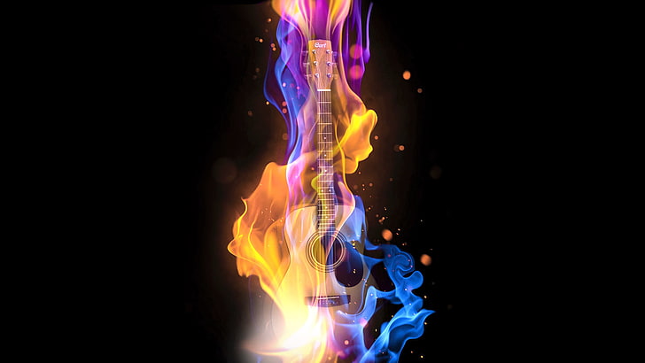 beige dreadnought acoustic guitar illustration, music, fire, guitar, bass, bass guitar, HD wallpaper