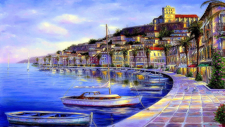 ibiza, painting, city, cityscape, water, sky, canvas, art, evening, paint, boat, artwork, painting art, romantic, promenade, HD wallpaper