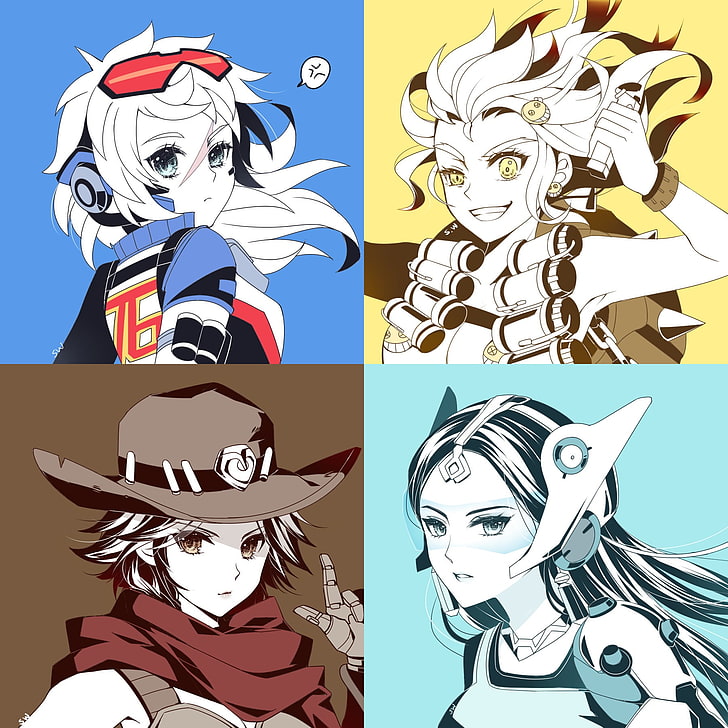 quatro personagens de anime femininos variados, McCree (Overwatch), Symmetra (Overwatch), Junkrat (Overwatch), Soldado: 76, Overwatch, colagem, HD papel de parede