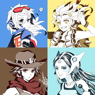 four assorted female anime characters, McCree (Overwatch), Symmetra (Overwatch), Junkrat (Overwatch), Soldier: 76, Overwatch, collage, HD wallpaper HD wallpaper