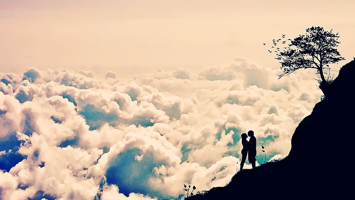 siluet pohon, cinta, siluet, awan, tebing, langit, karya seni, Wallpaper HD