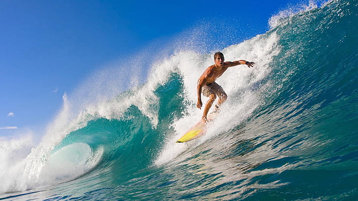 Surfing Wave HD, big wave, foam, sea, surfing, water, wave, yellow board, HD wallpaper