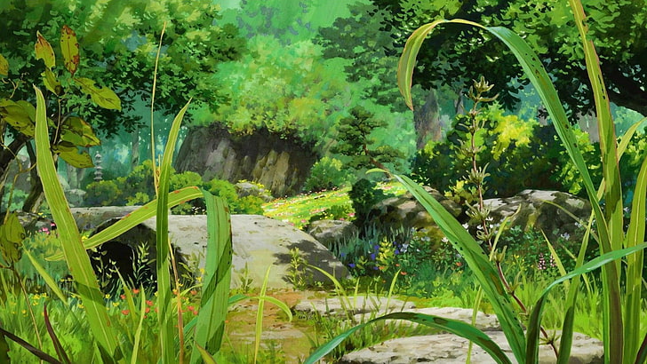 zielona trawa, anime, dzieło sztuki, las, natura, życie, drzewa, zieleń, Tapety HD