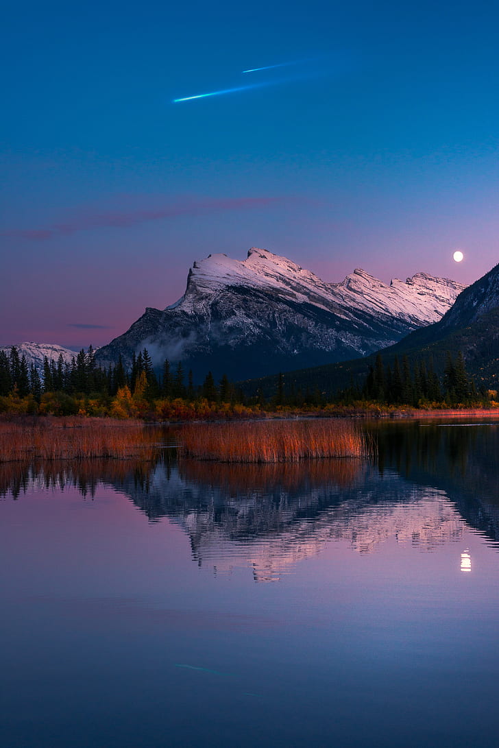 4K, Taman Nasional Banff, Danau Vermillion, Moon, Wallpaper HD, wallpaper seluler