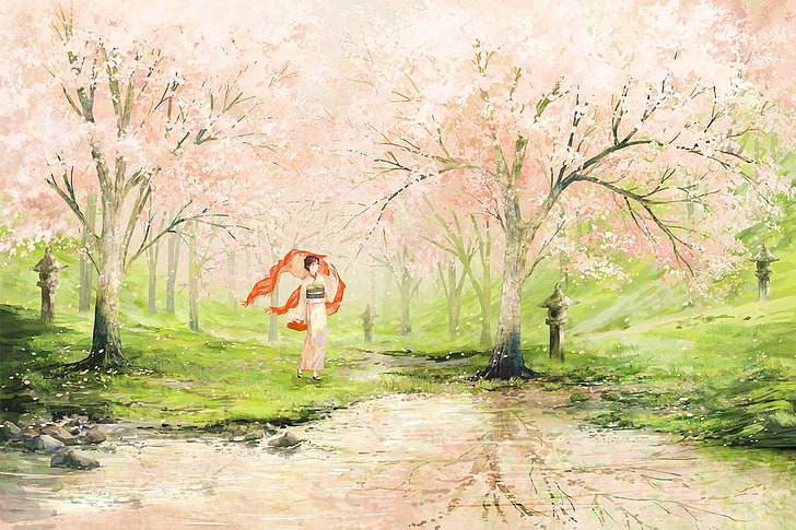 female anime character near pink leafed trees illustration, girl, lake, spring, garden, art, Apple, painted landscape, HD wallpaper