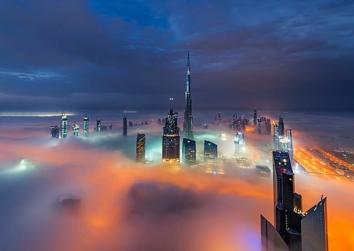 Градове, Дубай, сграда, град, градски пейзаж, мъгла, нощ, небостъргач, HD тапет