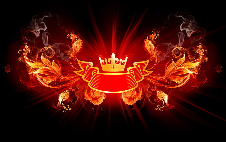 orange blommor band illustration, digital konst, eld, krona, HD tapet
