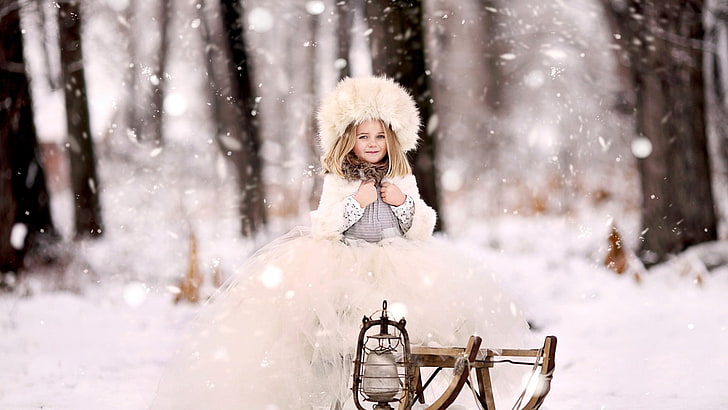 anak-anak, topi, salju, lentera, bulu, Wallpaper HD