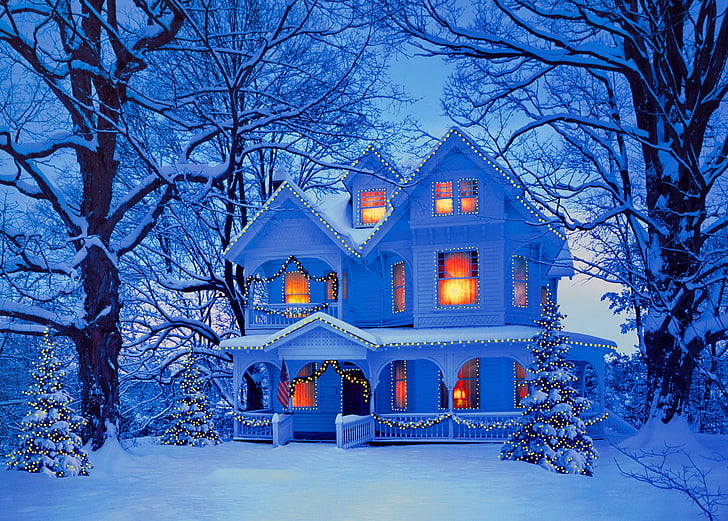 Праздник, Рождество, Рождественская елка, Свечение, Дом, Свет, Снег, Зима, HD обои
