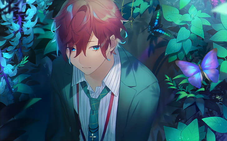 Anime, hombre, corbata, mariposa, plantas, ojos azules, pelirrojo, Fondo de  pantalla HD | Wallpaperbetter