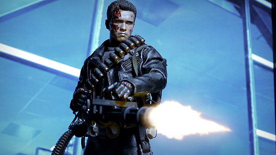 Arnold Schwarzenegger, Hintergrund, Feuer, Spielzeug, Roboter, Maschinengewehr, Figur, Terminator, T-800, HD-Hintergrundbild HD wallpaper