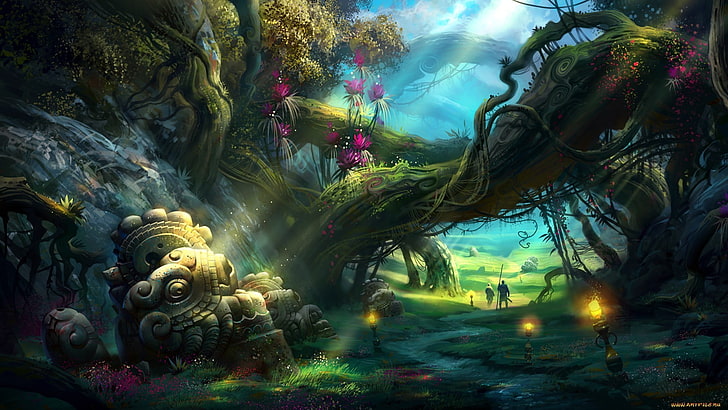 Malerei des grünen Waldes, Anime, CGI, Fotografie, Brücke, Sonnenuntergang, Stadt, Fantasiekunst, Wald, HD-Hintergrundbild