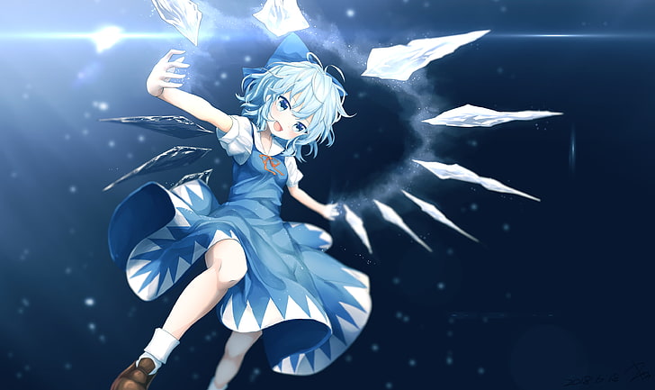 Cirno Crystals Touhou Smiling Aqua Hair Dress Anime Hd Wallpaper Wallpaperbetter